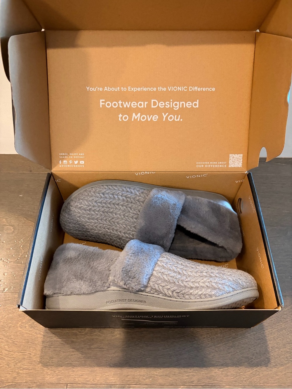 Vionic Gray Knit Slip-On Slippers with Plush Cuff
